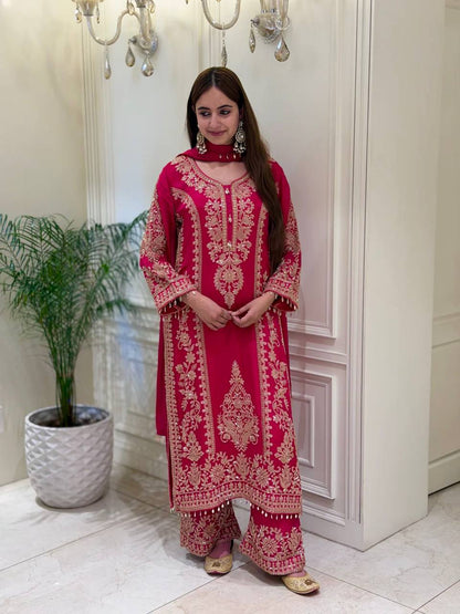 New Designer Collection Faux Georgette With Heavy Embroidery Sequence Work Top-Bottom And Dupatta Set