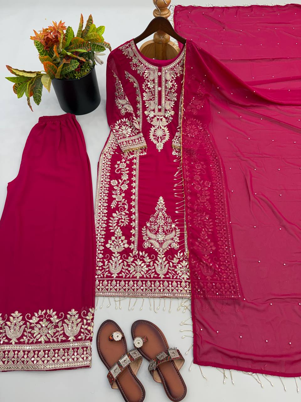 New Designer Collection Faux Georgette With Heavy Embroidery Sequence Work Top-Bottom And Dupatta Set