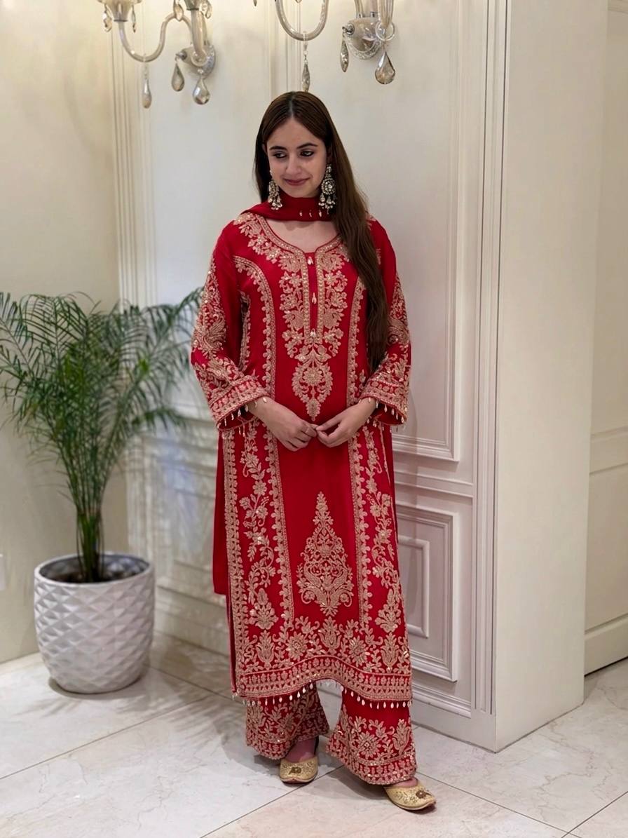New Designer Collection Faux Georgette With Heavy Embroidery Sequence Work Top-Bottom And Dupatta Set