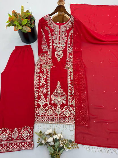 New Designer Collection Faux Georgette With Heavy Embroidery Sequence Work Top-Bottom And Dupatta Set