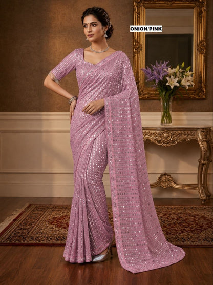 New Bollywood  Heavy quality Faux Georgette 5MM Sequins & Multy Embroidery Work Done On Saree | 4.4 Mtr Work | Blouse-Georgette With Heavy Embroidery Work
