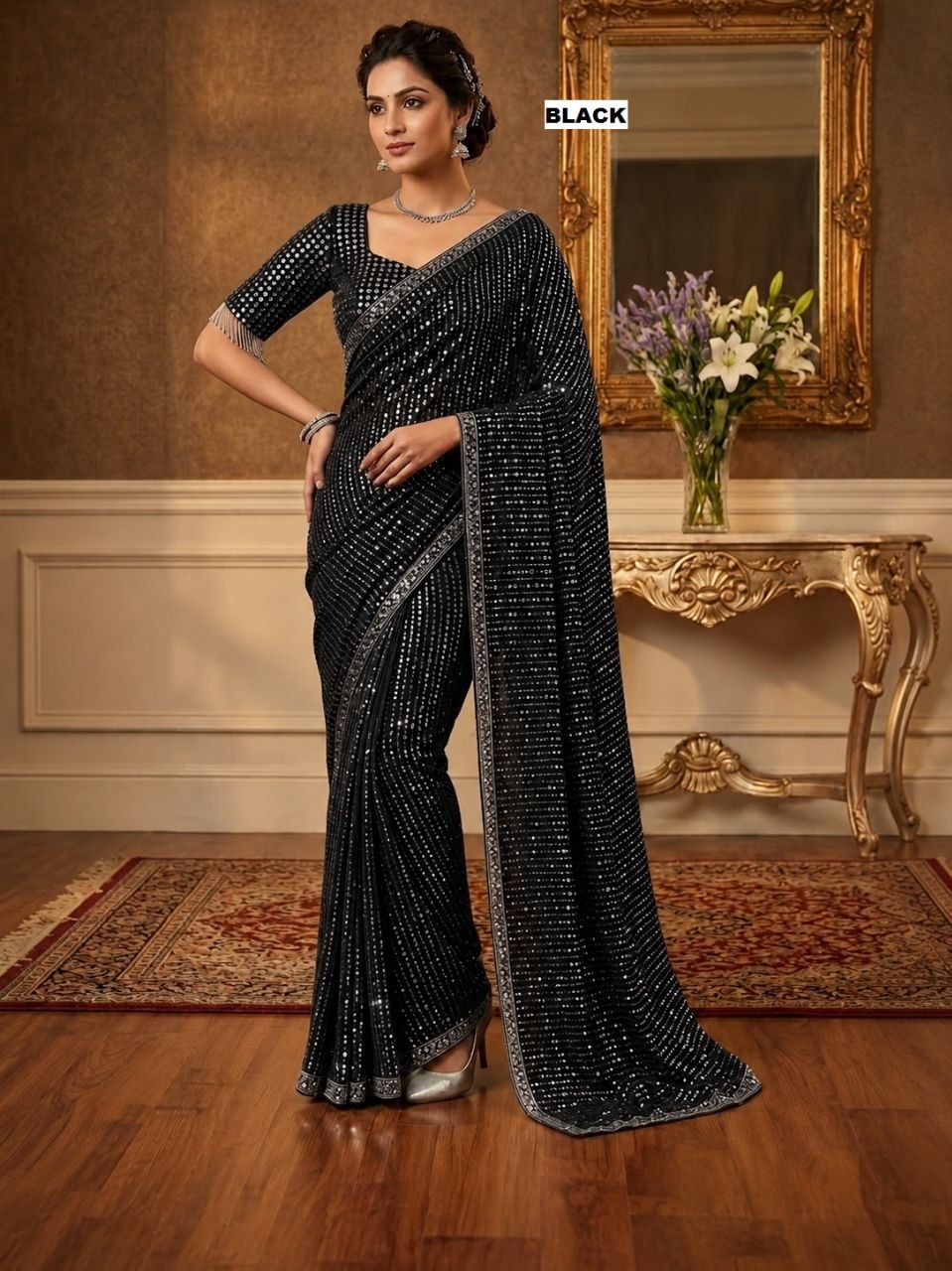New Bollywood  Heavy quality Faux Georgette 5MM Sequins & Multy Embroidery Work Done On Saree | 4.4 Mtr Work | Blouse-Georgette With Heavy Embroidery Work