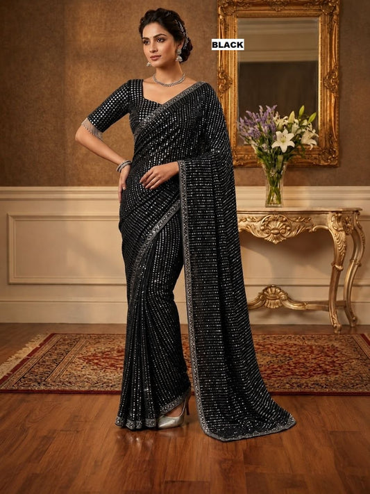 New Bollywood  Heavy quality Faux Georgette 5MM Sequins & Multy Embroidery Work Done On Saree | 4.4 Mtr Work | Blouse-Georgette With Heavy Embroidery Work