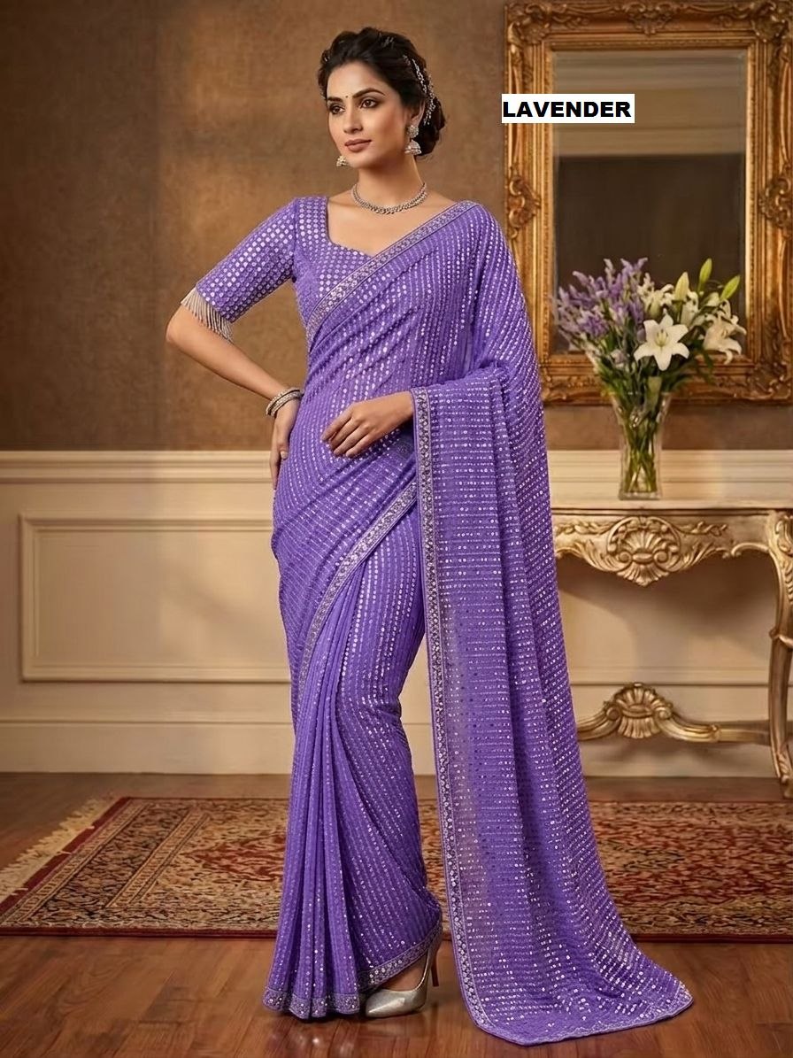 New Bollywood  Heavy quality Faux Georgette 5MM Sequins & Multy Embroidery Work Done On Saree | 4.4 Mtr Work | Blouse-Georgette With Heavy Embroidery Work