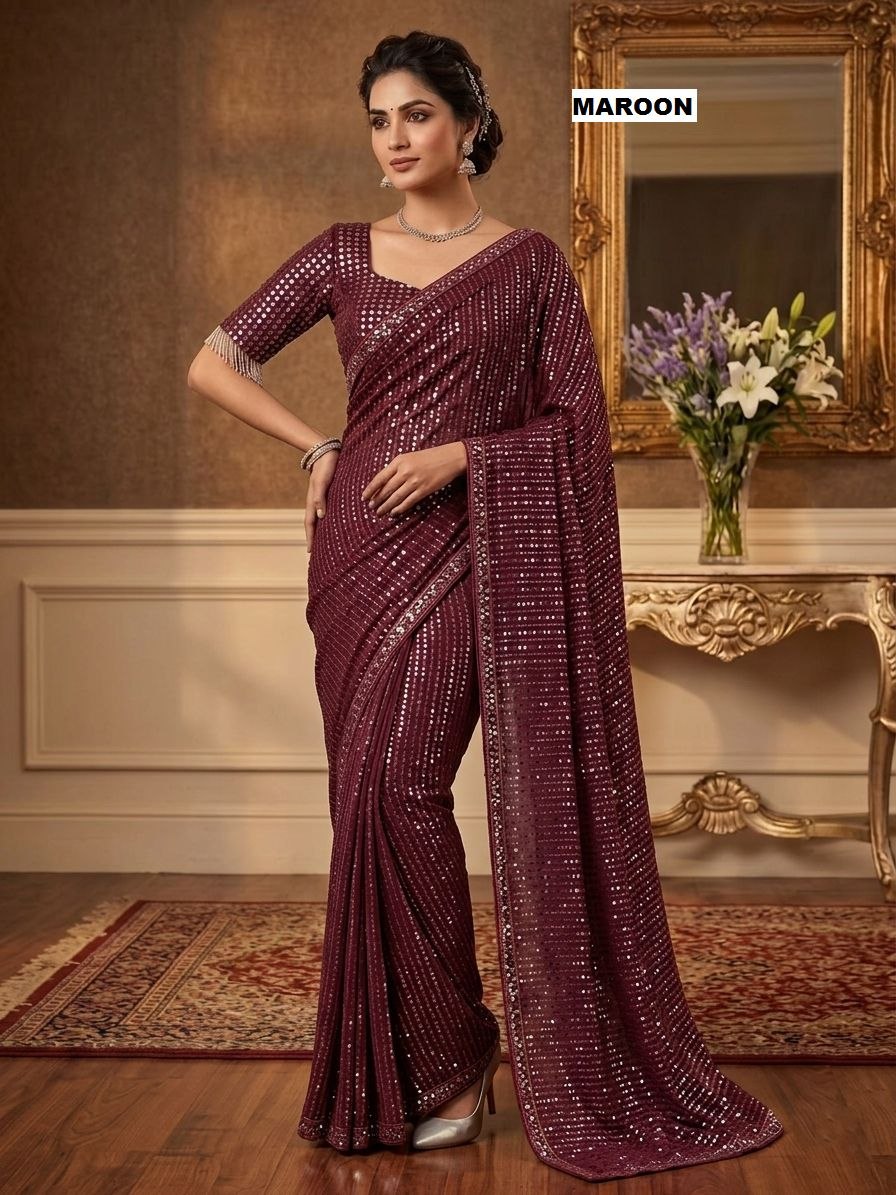 New Bollywood  Heavy quality Faux Georgette 5MM Sequins & Multy Embroidery Work Done On Saree | 4.4 Mtr Work | Blouse-Georgette With Heavy Embroidery Work