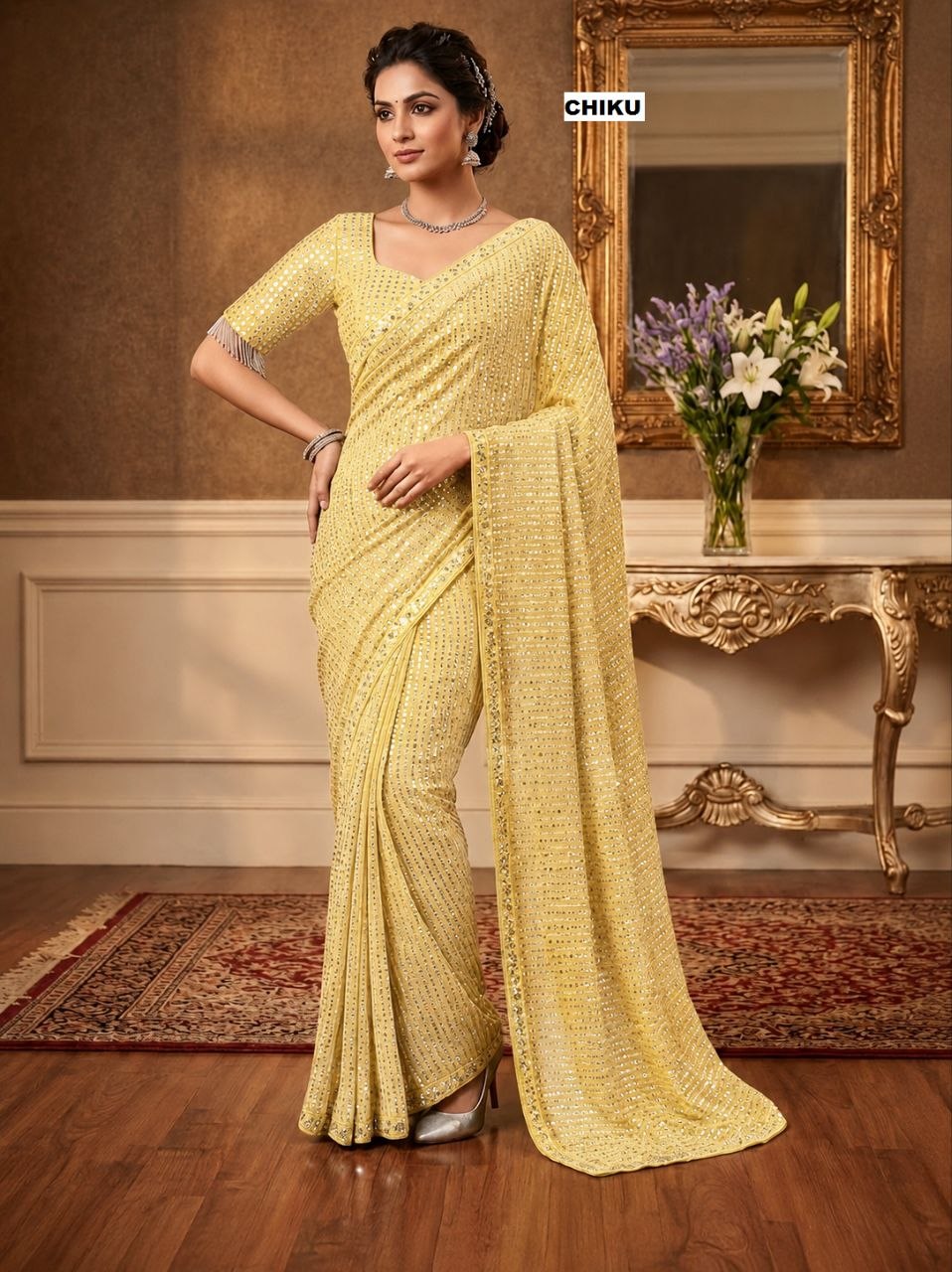 New Bollywood  Heavy quality Faux Georgette 5MM Sequins & Multy Embroidery Work Done On Saree | 4.4 Mtr Work | Blouse-Georgette With Heavy Embroidery Work