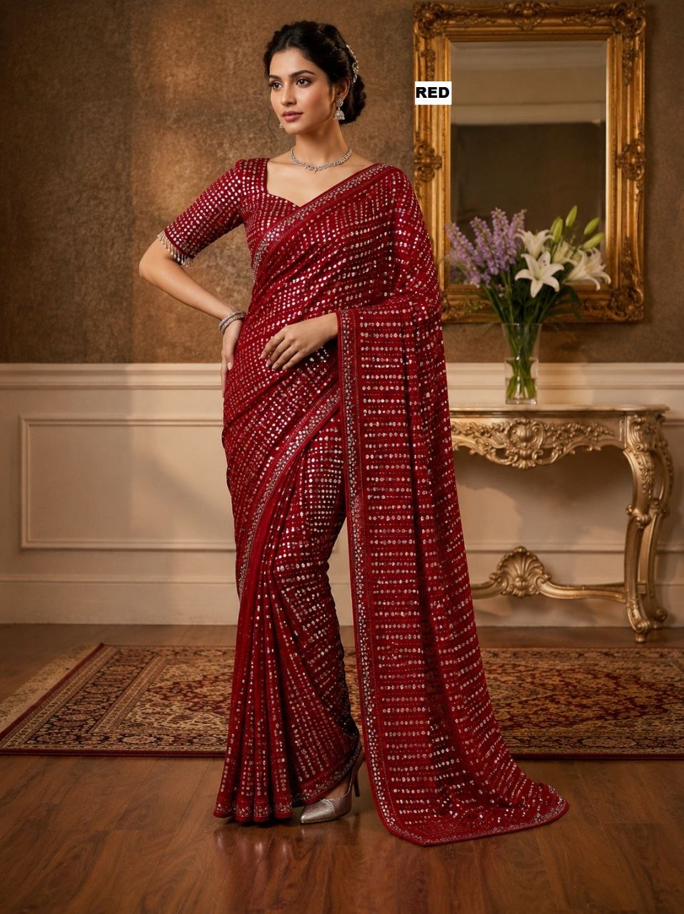New Bollywood  Heavy quality Faux Georgette 5MM Sequins & Multy Embroidery Work Done On Saree | 4.4 Mtr Work | Blouse-Georgette With Heavy Embroidery Work