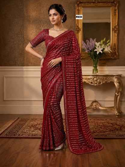 New Bollywood  Heavy quality Faux Georgette 5MM Sequins & Multy Embroidery Work Done On Saree | 4.4 Mtr Work | Blouse-Georgette With Heavy Embroidery Work