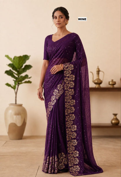 Heavy quality 60 gram Georgette 3MM & 5MM Sequins Embroidery Work Done in Saree | Blouse Plain Mono Silk Banglori
