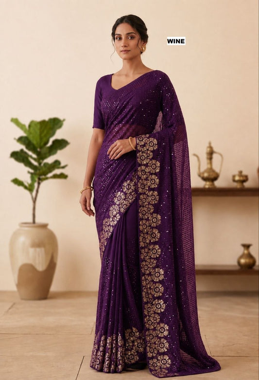 Heavy quality 60 gram Georgette 3MM & 5MM Sequins Embroidery Work Done in Saree | Blouse Plain Mono Silk Banglori