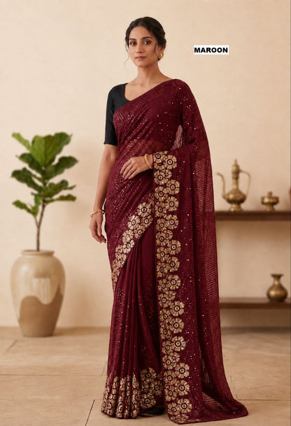 Heavy quality 60 gram Georgette 3MM & 5MM Sequins Embroidery Work Done in Saree | Blouse Plain Mono Silk Banglori