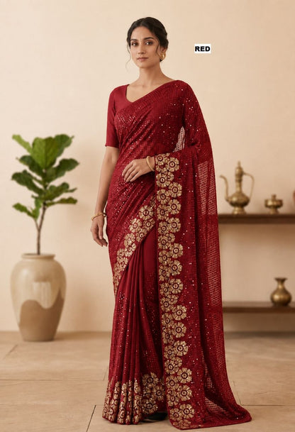 Heavy quality 60 gram Georgette 3MM & 5MM Sequins Embroidery Work Done in Saree | Blouse Plain Mono Silk Banglori