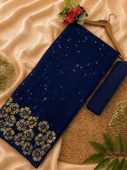 Heavy quality 60 gram Georgette 3MM & 5MM Sequins Embroidery Work Done in Saree | Blouse Plain Mono Silk Banglori