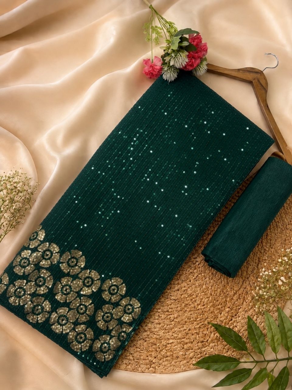 Heavy quality 60 gram Georgette 3MM & 5MM Sequins Embroidery Work Done in Saree | Blouse Plain Mono Silk Banglori