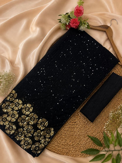Heavy quality 60 gram Georgette 3MM & 5MM Sequins Embroidery Work Done in Saree | Blouse Plain Mono Silk Banglori