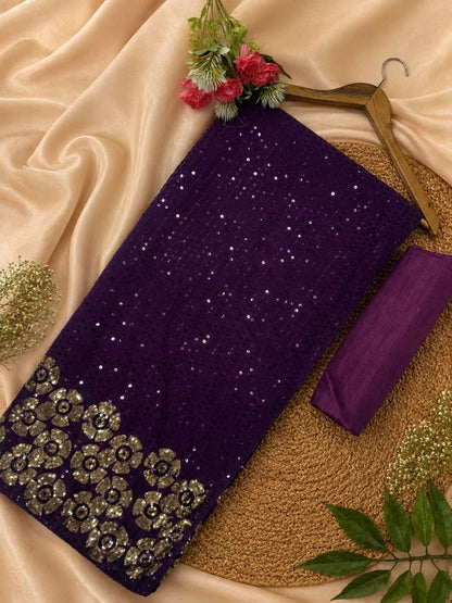 Heavy quality 60 gram Georgette 3MM & 5MM Sequins Embroidery Work Done in Saree | Blouse Plain Mono Silk Banglori