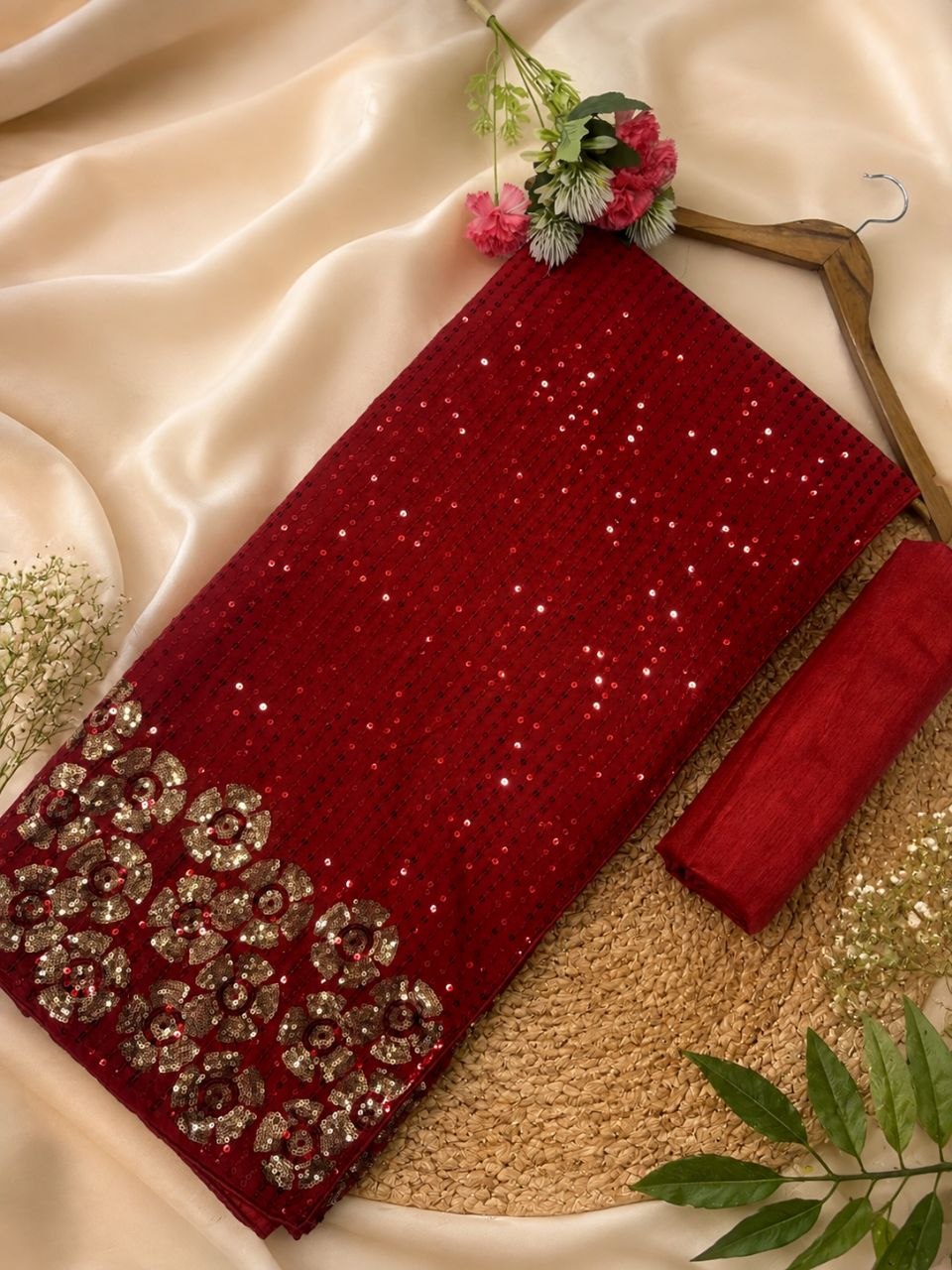 Heavy quality 60 gram Georgette 3MM & 5MM Sequins Embroidery Work Done in Saree | Blouse Plain Mono Silk Banglori