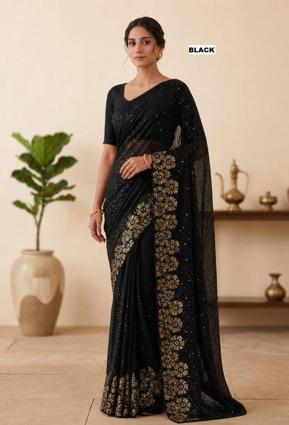 Heavy quality 60 gram Georgette 3MM & 5MM Sequins Embroidery Work Done in Saree | Blouse Plain Mono Silk Banglori