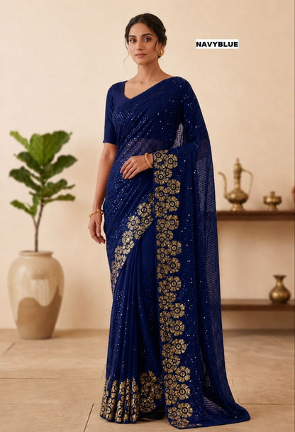 Heavy quality 60 gram Georgette 3MM & 5MM Sequins Embroidery Work Done in Saree | Blouse Plain Mono Silk Banglori