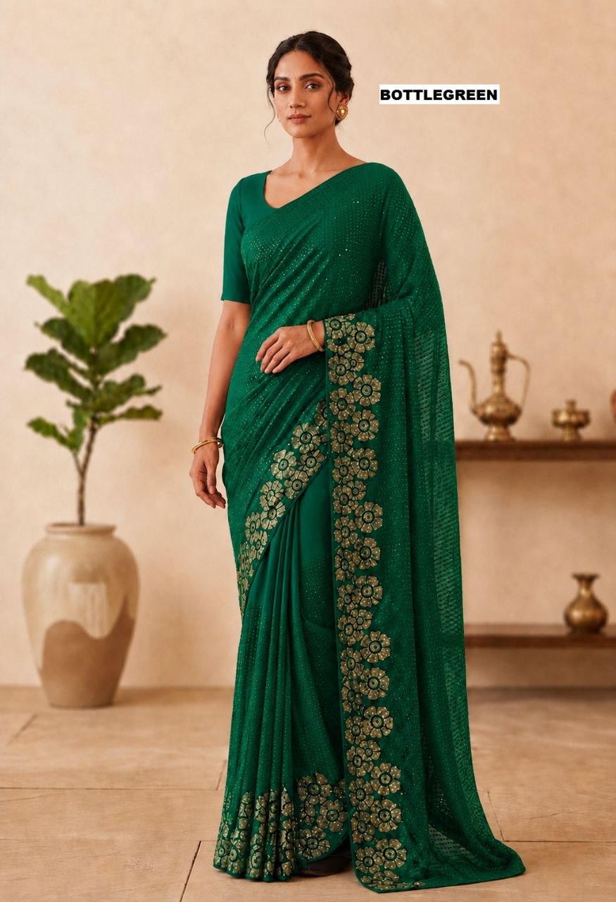 Heavy quality 60 gram Georgette 3MM & 5MM Sequins Embroidery Work Done in Saree | Blouse Plain Mono Silk Banglori