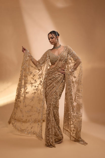 New Trending Bollywood Heavy Quality Butterfly Net 5mm Sequins Embroidery work in Saree | 4.4 Mtr Work | Blouse Of Net With Heavy Embroidery With Sleeves