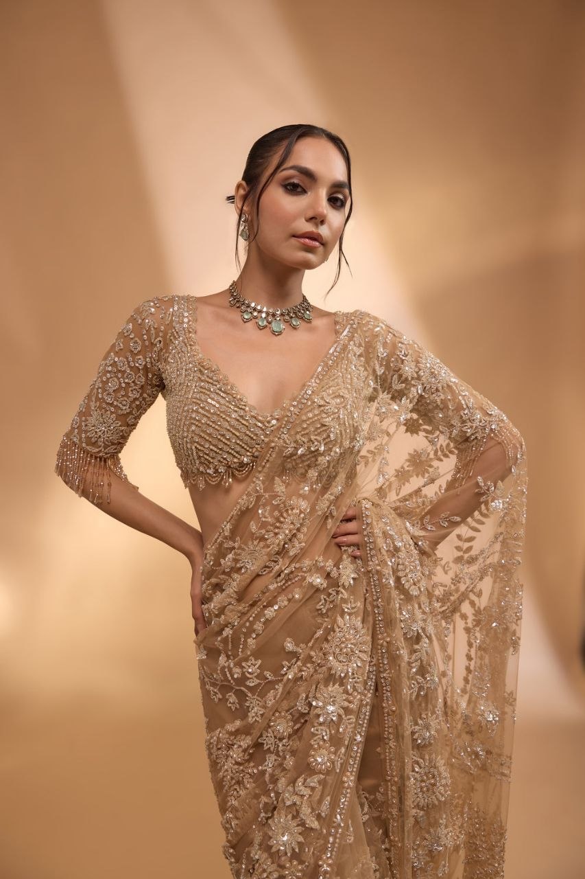 New Trending Bollywood Heavy Quality Butterfly Net 5mm Sequins Embroidery work in Saree | 4.4 Mtr Work | Blouse Of Net With Heavy Embroidery With Sleeves