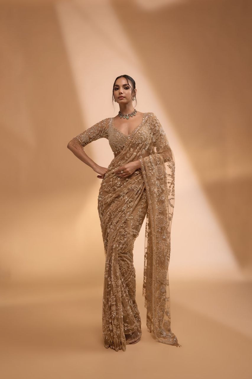 New Trending Bollywood Heavy Quality Butterfly Net 5mm Sequins Embroidery work in Saree | 4.4 Mtr Work | Blouse Of Net With Heavy Embroidery With Sleeves
