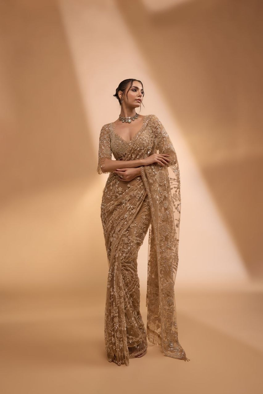 New Trending Bollywood Heavy Quality Butterfly Net 5mm Sequins Embroidery work in Saree | 4.4 Mtr Work | Blouse Of Net With Heavy Embroidery With Sleeves