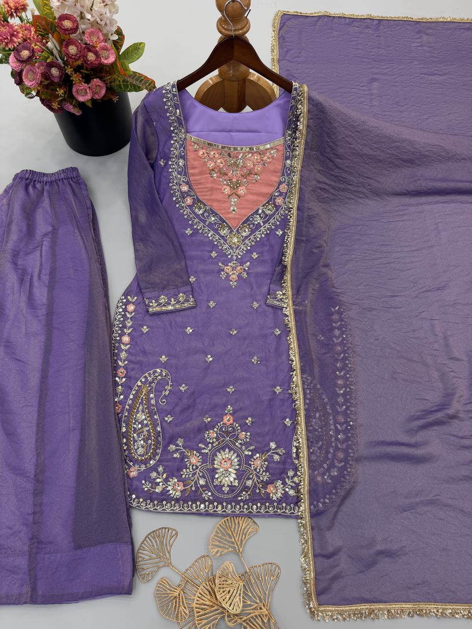 New Designer Collection NC Moss Fabric With Heavy Embroidery Sequence Work Top-Bottom And Dupatta Set