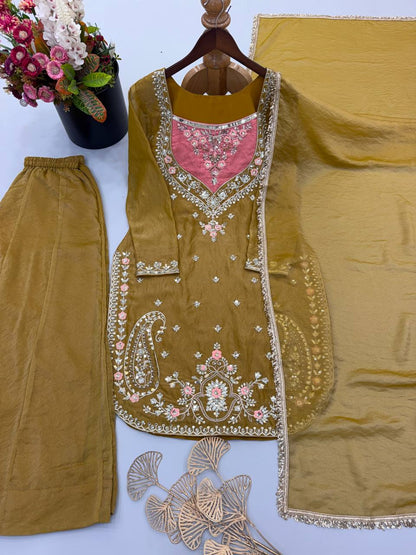 New Designer Collection NC Moss Fabric With Heavy Embroidery Sequence Work Top-Bottom And Dupatta Set