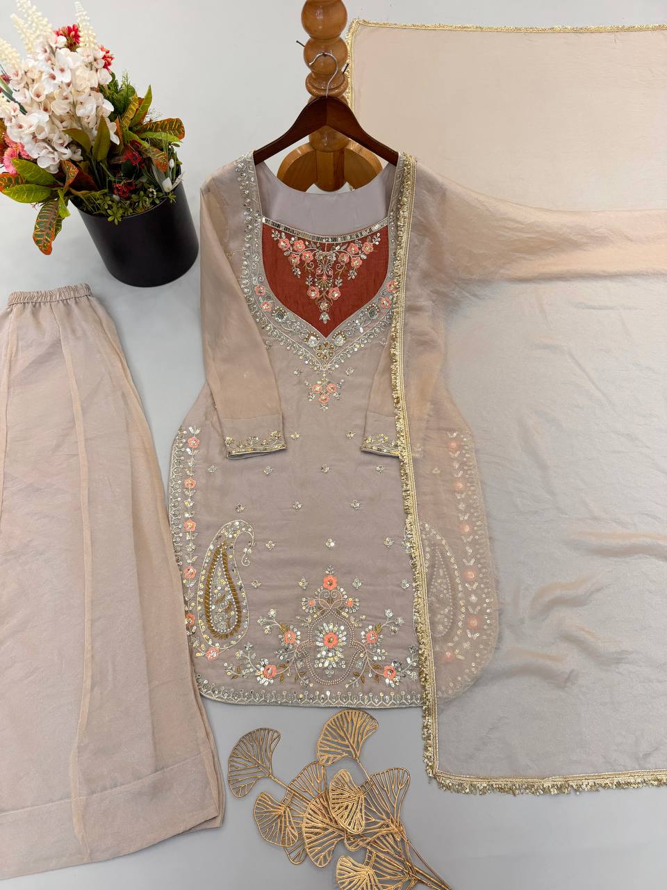 New Designer Collection NC Moss Fabric With Heavy Embroidery Sequence Work Top-Bottom And Dupatta Set