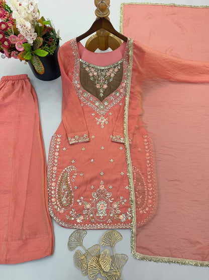 New Designer Collection NC Moss Fabric With Heavy Embroidery Sequence Work Top-Bottom And Dupatta Set