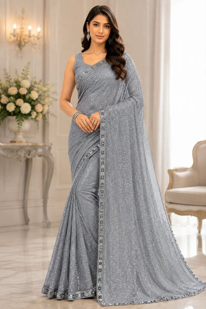 Heavy Faux Georgette With Heavy 5MM &amp; 3MM Khichdi Sequence Embrodery Work | Blouse Of Plain Silk | Cutwork Lace Border In Saree