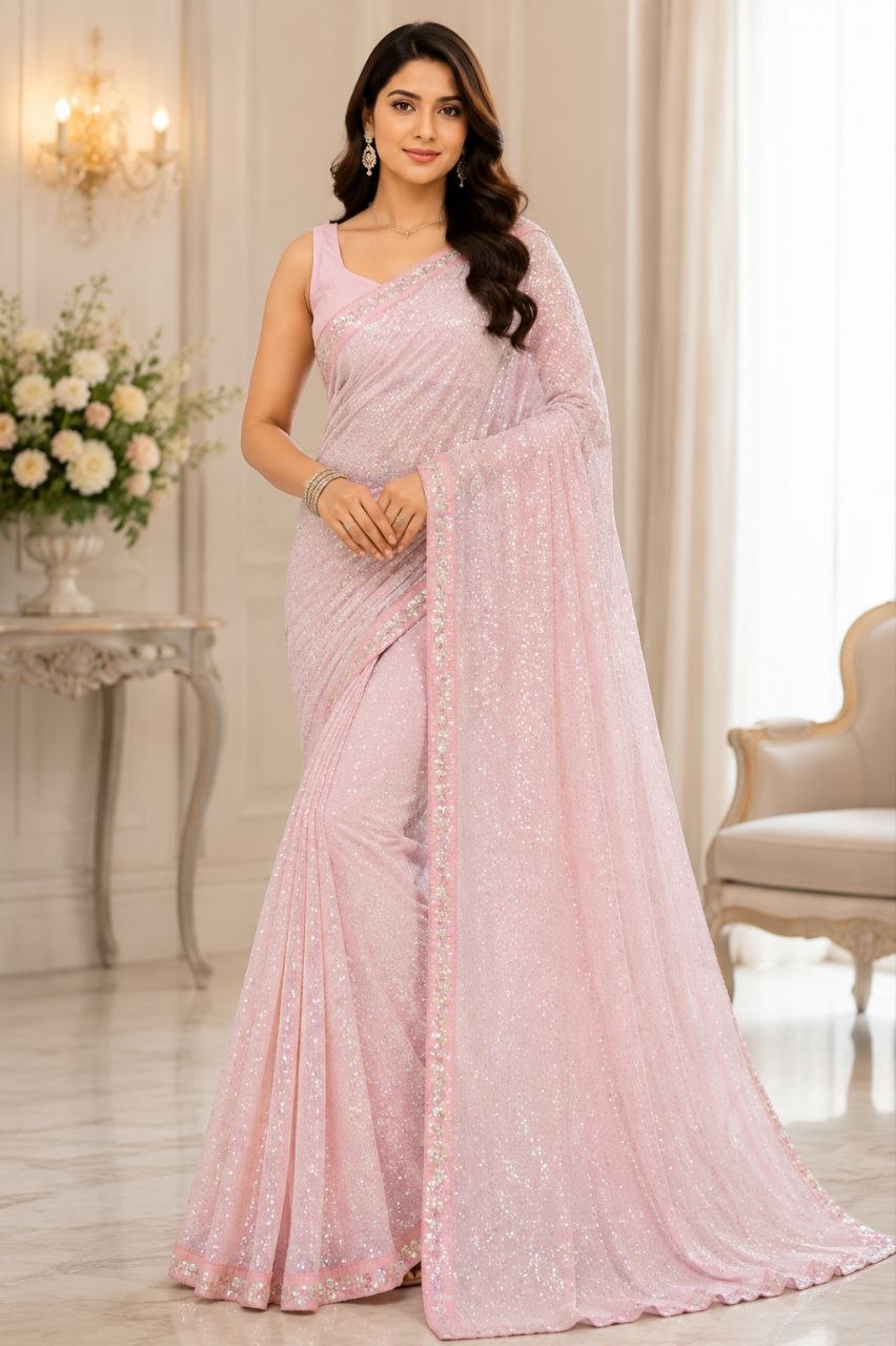 Heavy Faux Georgette With Heavy 5MM &amp; 3MM Khichdi Sequence Embrodery Work | Blouse Of Plain Silk | Cutwork Lace Border In Saree