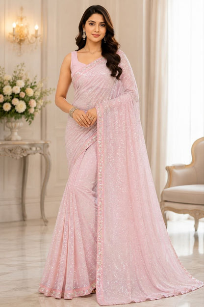 Heavy Faux Georgette With Heavy 5MM &amp; 3MM Khichdi Sequence Embrodery Work | Blouse Of Plain Silk | Cutwork Lace Border In Saree