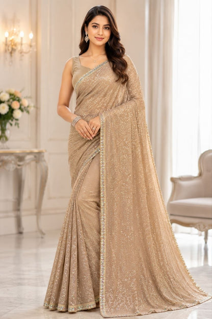 Heavy Faux Georgette With Heavy 5MM &amp; 3MM Khichdi Sequence Embrodery Work | Blouse Of Plain Silk | Cutwork Lace Border In Saree
