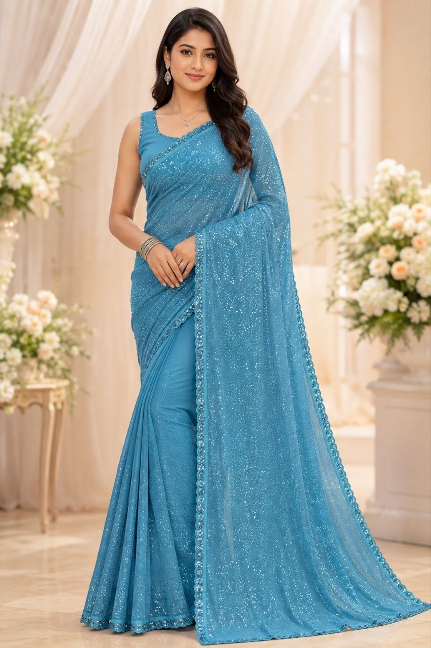 Heavy Faux Georgette With Heavy 5MM &amp; 3MM Khichdi Sequence Embrodery Work | Blouse Of Plain Silk | Cutwork Lace Border In Saree
