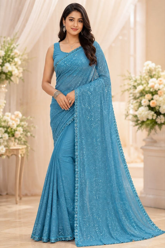 Heavy Faux Georgette With Heavy 5MM &amp; 3MM Khichdi Sequence Embrodery Work | Blouse Of Plain Silk | Cutwork Lace Border In Saree