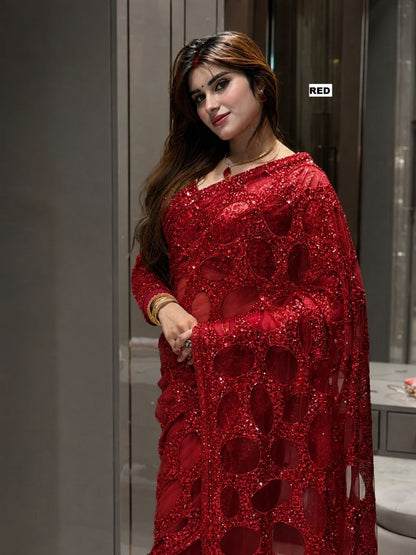 Heavy Quality Butterfly Net Sequins Embroidery work Saree | 4.4 Mtr Work | Blouse-Butterfly Net With Heavy Embroidery Front & Back Multi & Sequins With Sleeves Embroidery Work