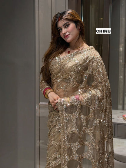 Heavy Quality Butterfly Net Sequins Embroidery work Saree | 4.4 Mtr Work | Blouse-Butterfly Net With Heavy Embroidery Front & Back Multi & Sequins With Sleeves Embroidery Work