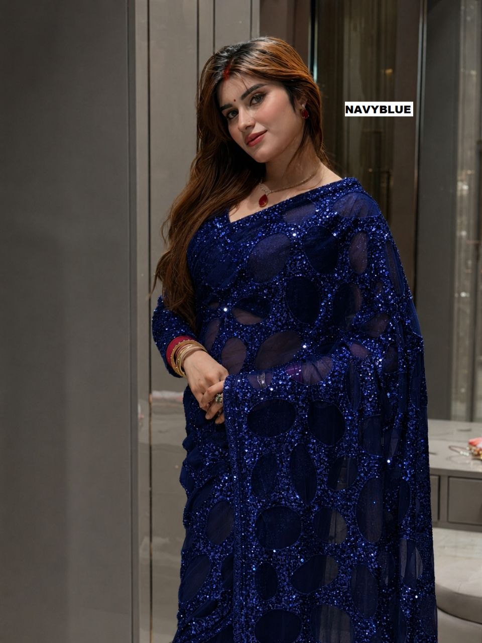 Heavy Quality Butterfly Net Sequins Embroidery work Saree | 4.4 Mtr Work | Blouse-Butterfly Net With Heavy Embroidery Front & Back Multi & Sequins With Sleeves Embroidery Work