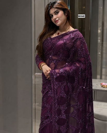 Heavy Quality Butterfly Net Sequins Embroidery work Saree | 4.4 Mtr Work | Blouse-Butterfly Net With Heavy Embroidery Front & Back Multi & Sequins With Sleeves Embroidery Work