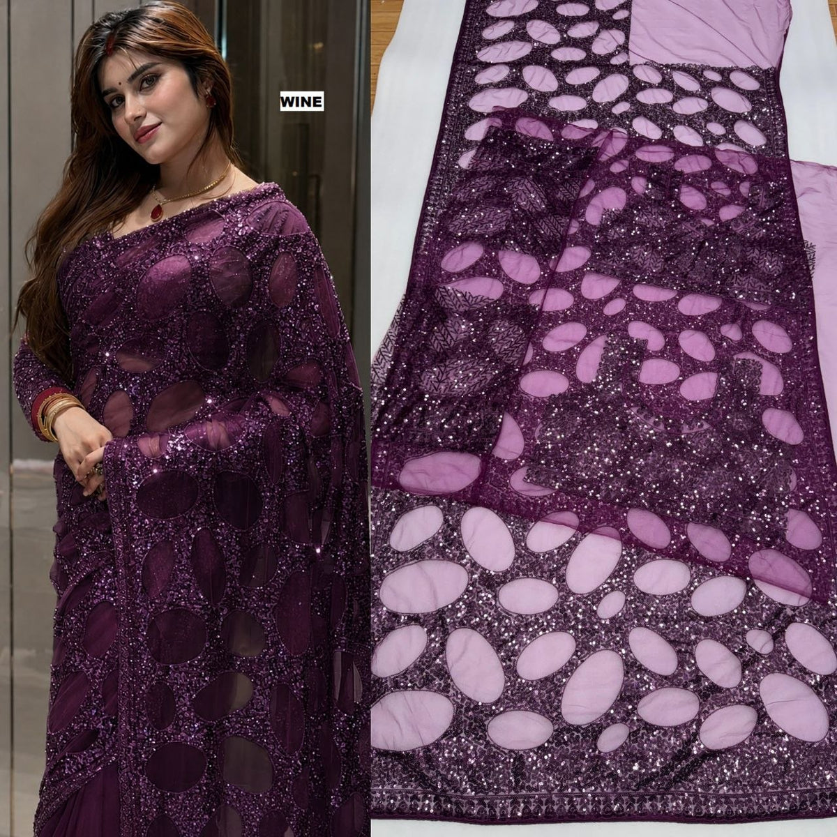 Heavy Quality Butterfly Net Sequins Embroidery work Saree | 4.4 Mtr Work | Blouse-Butterfly Net With Heavy Embroidery Front & Back Multi & Sequins With Sleeves Embroidery Work