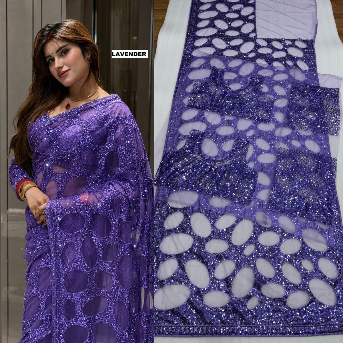 Heavy Quality Butterfly Net Sequins Embroidery work Saree | 4.4 Mtr Work | Blouse-Butterfly Net With Heavy Embroidery Front & Back Multi & Sequins With Sleeves Embroidery Work