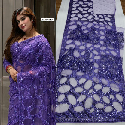 Heavy Quality Butterfly Net Sequins Embroidery work Saree | 4.4 Mtr Work | Blouse-Butterfly Net With Heavy Embroidery Front & Back Multi & Sequins With Sleeves Embroidery Work