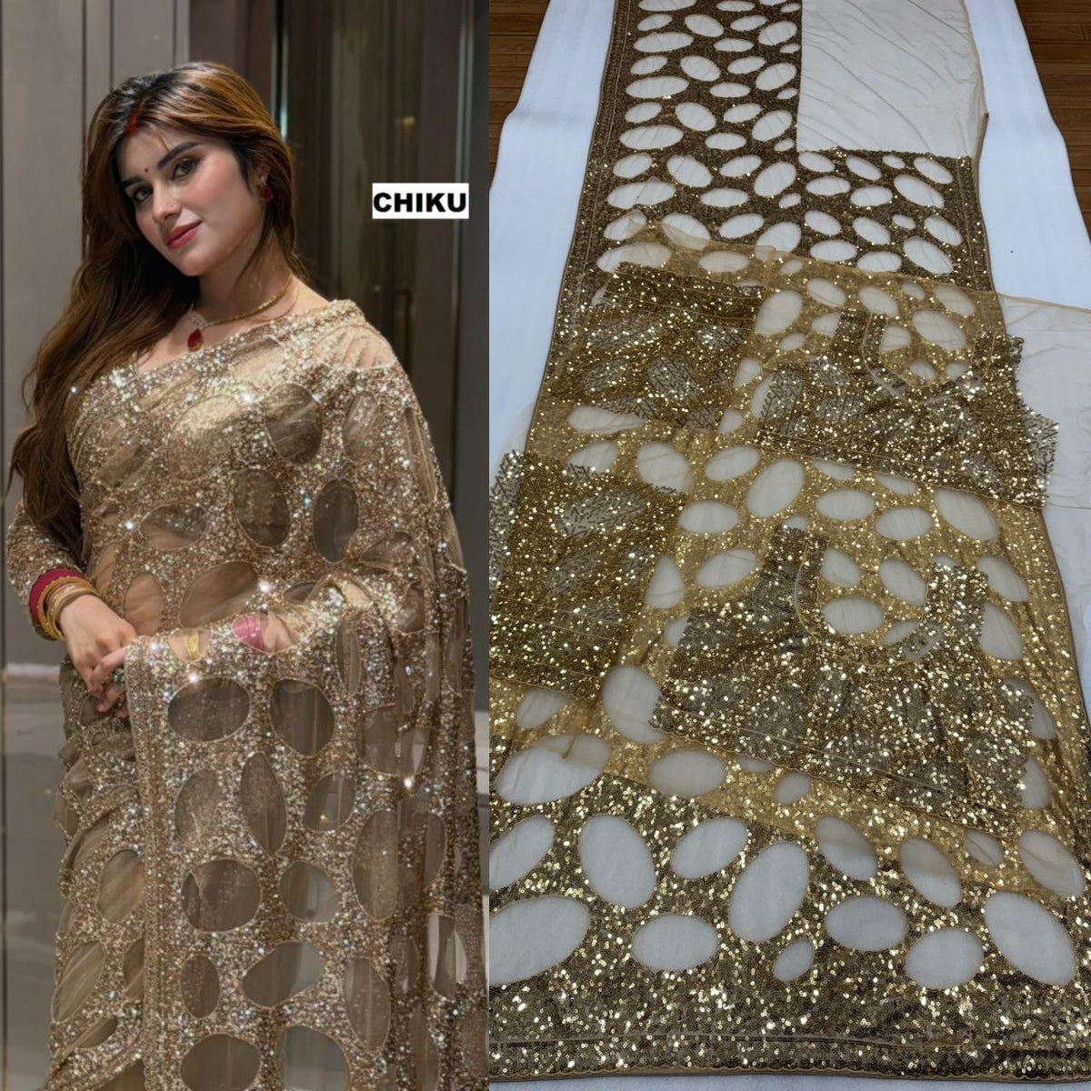 Heavy Quality Butterfly Net Sequins Embroidery work Saree | 4.4 Mtr Work | Blouse-Butterfly Net With Heavy Embroidery Front & Back Multi & Sequins With Sleeves Embroidery Work