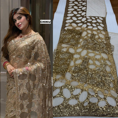 Heavy Quality Butterfly Net Sequins Embroidery work Saree | 4.4 Mtr Work | Blouse-Butterfly Net With Heavy Embroidery Front & Back Multi & Sequins With Sleeves Embroidery Work