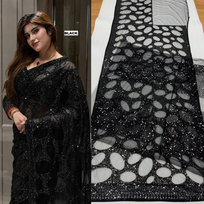 Heavy Quality Butterfly Net Sequins Embroidery work Saree | 4.4 Mtr Work | Blouse-Butterfly Net With Heavy Embroidery Front & Back Multi & Sequins With Sleeves Embroidery Work