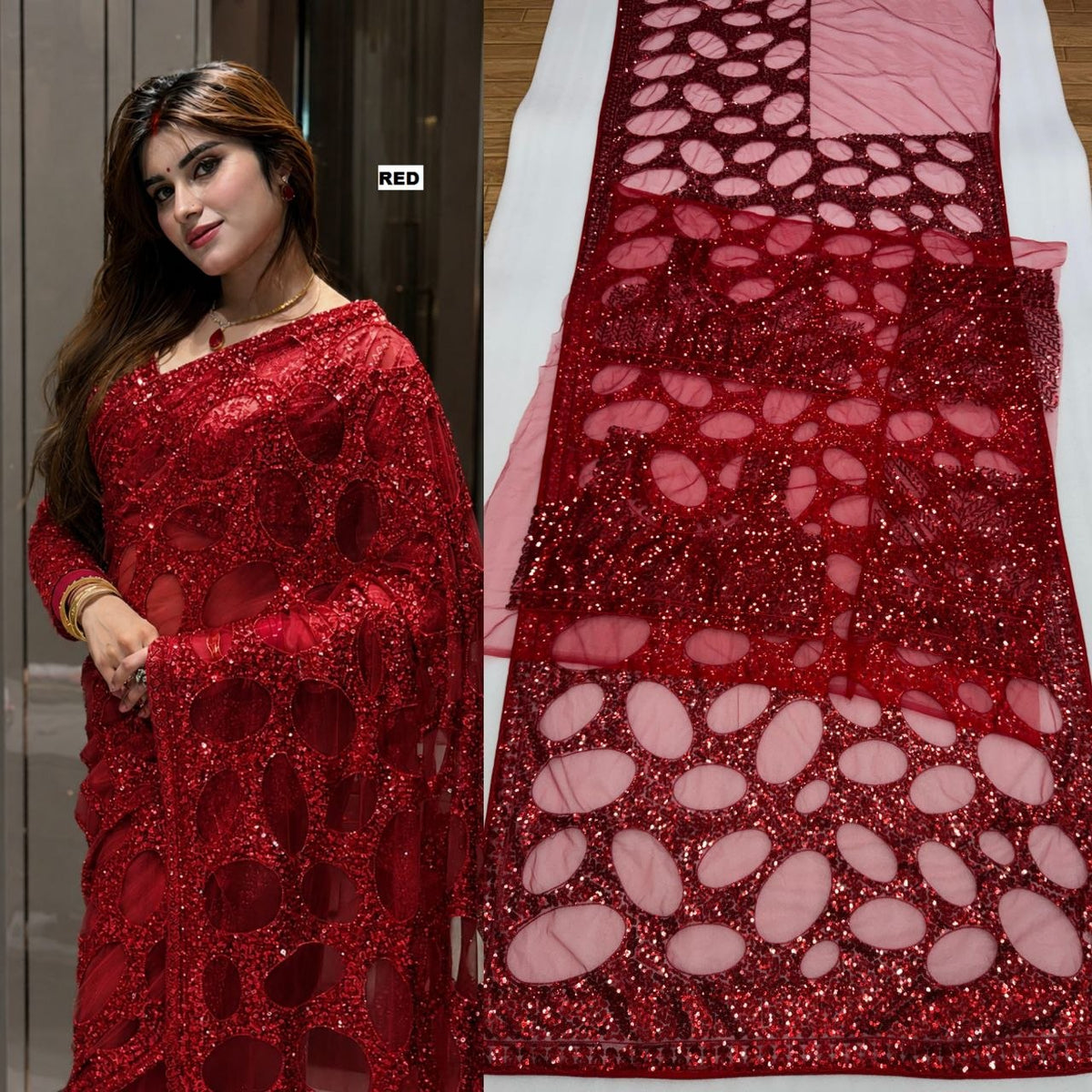 Heavy Quality Butterfly Net Sequins Embroidery work Saree | 4.4 Mtr Work | Blouse-Butterfly Net With Heavy Embroidery Front & Back Multi & Sequins With Sleeves Embroidery Work