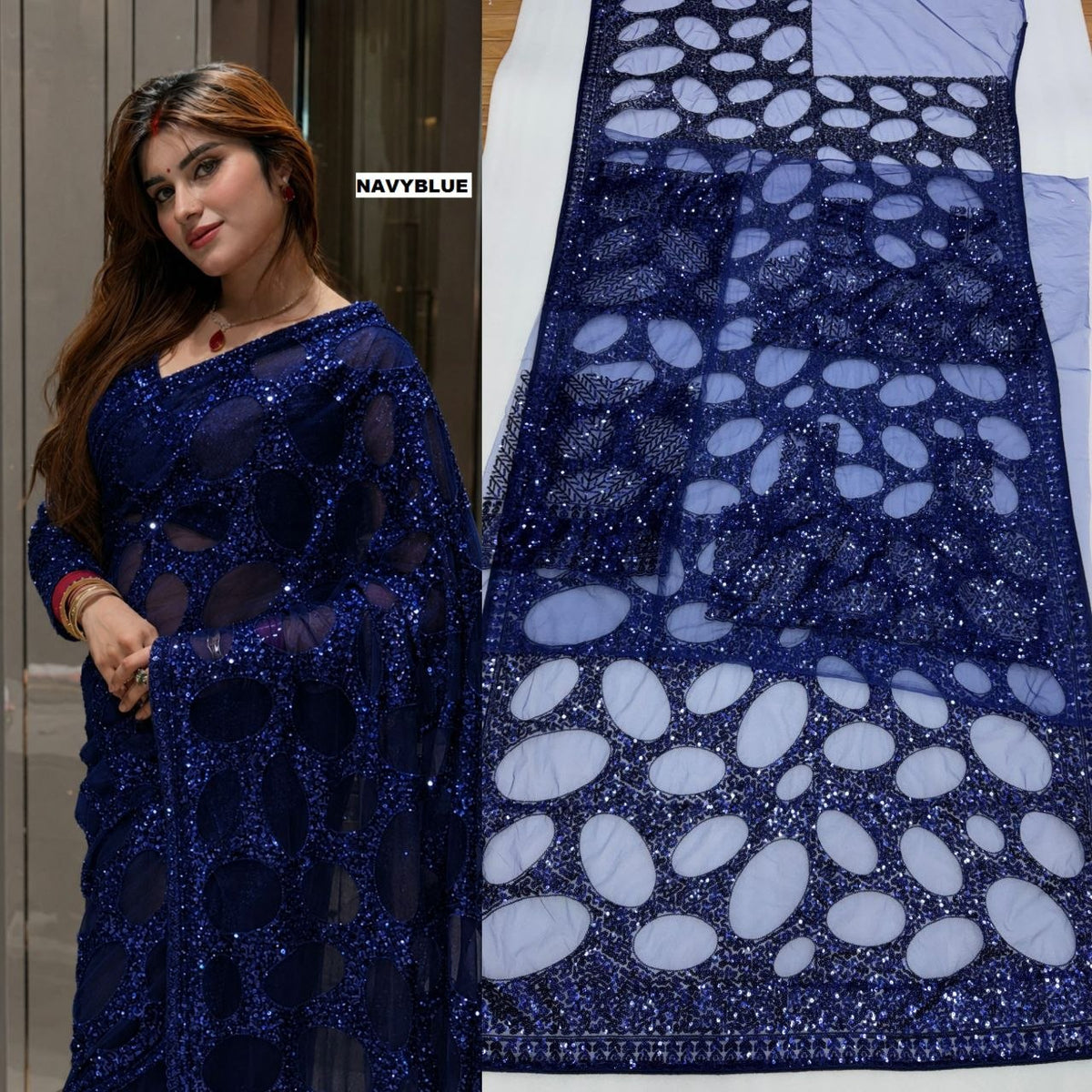 Heavy Quality Butterfly Net Sequins Embroidery work Saree | 4.4 Mtr Work | Blouse-Butterfly Net With Heavy Embroidery Front & Back Multi & Sequins With Sleeves Embroidery Work